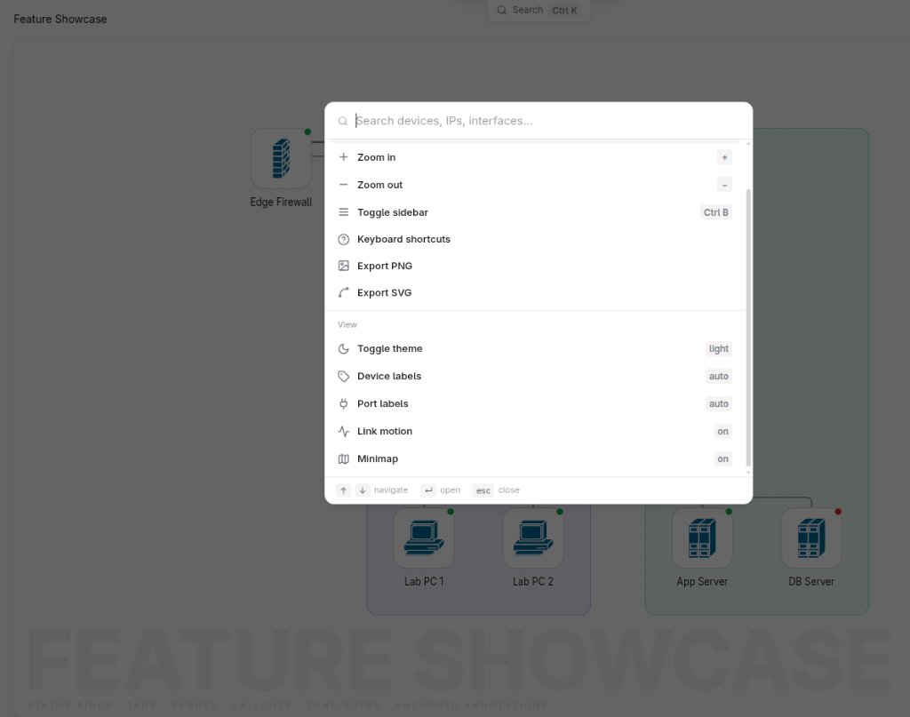 Command Center & Palette (Ctrl+K / Cmd+K) with search, actions, and live view toggles